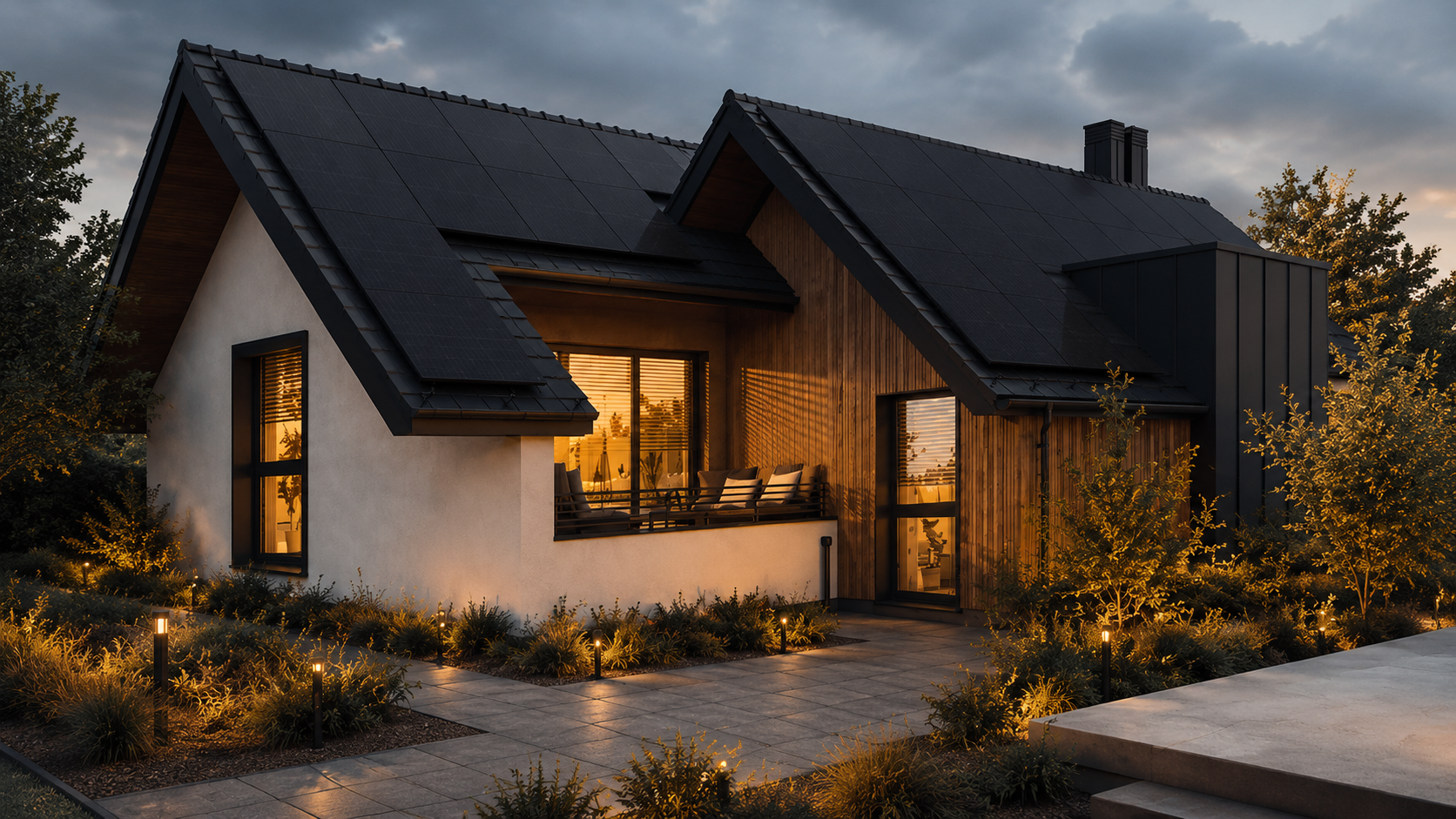 All-Black Solarmodule auf einem modernen Wohnhaus