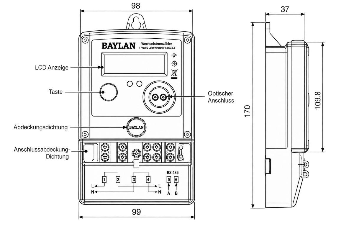 BAYLAN BM11 1-Phasen-Wechselstromzähler | Direktmessung | MID | S0