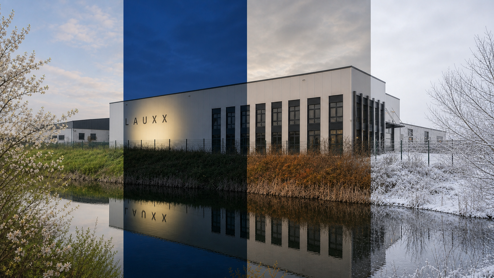 Durchgehendes LAUXX Energy Firmengebäude mit vier jahreszeitlichen Licht- und Wetterzonen